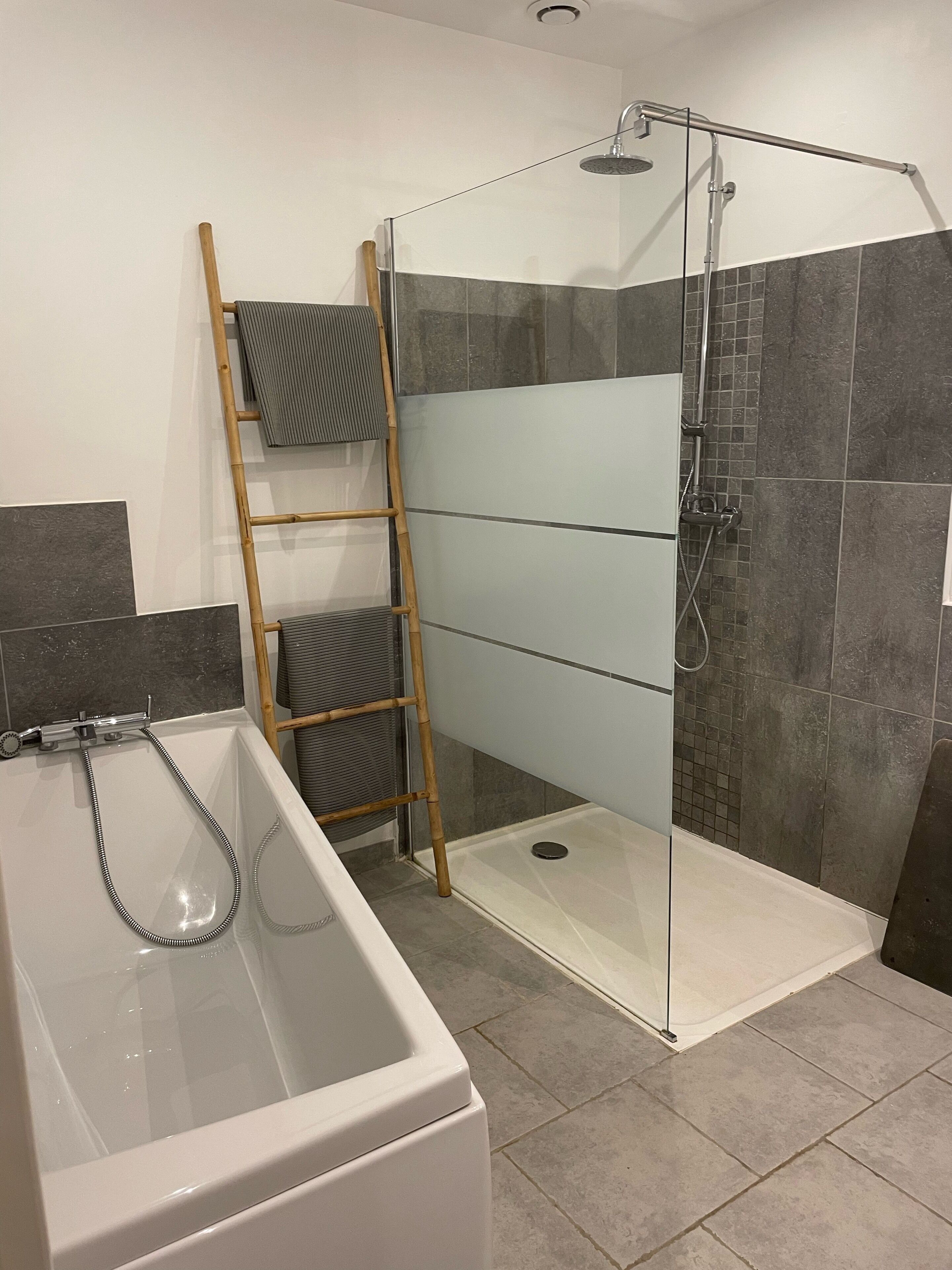 A modern bathroom with a glass-enclosed shower, a bathtub, and a wooden ladder.