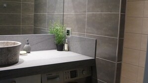 A compact laundry area with a washing machine, a sink, and a potted plant. - Provence, its lavender, the song of the cicadas, the sun ... Let yourself be seduced ... (Carpentras)