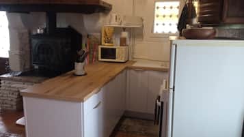 Una cocina compacta con estufa de leña, microondas y refrigerador.