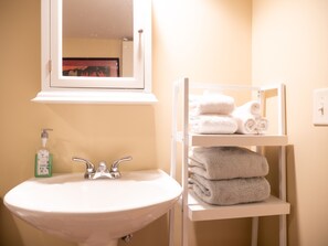 Duschwanne, Haartrockner, Handtücher, Seife