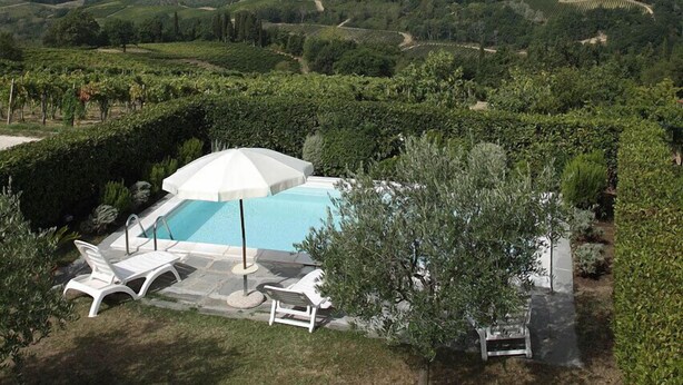 Zona de piscina con sillones de descanso y una sombrilla, rodeada de un paisaje exuberante y viñedos.