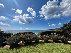 Ein angelegter Garten mit Meerblick und blauem Himmel.