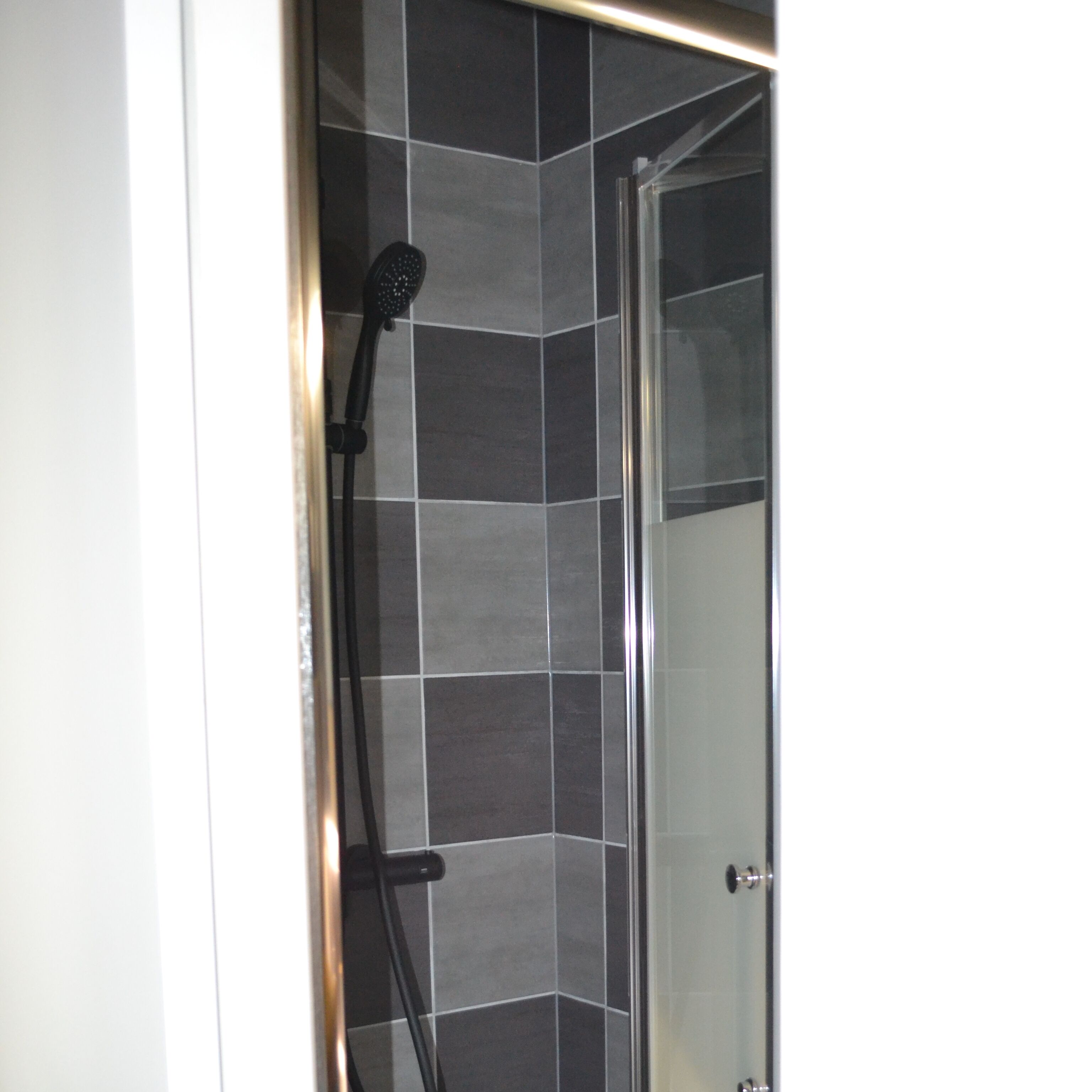Een douche met een handdouche en een glazen deur.