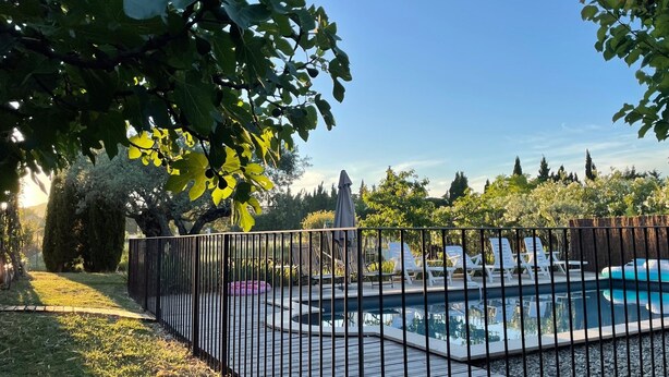 A fenced pool area with a wooden deck, surrounded by greenery and trees.