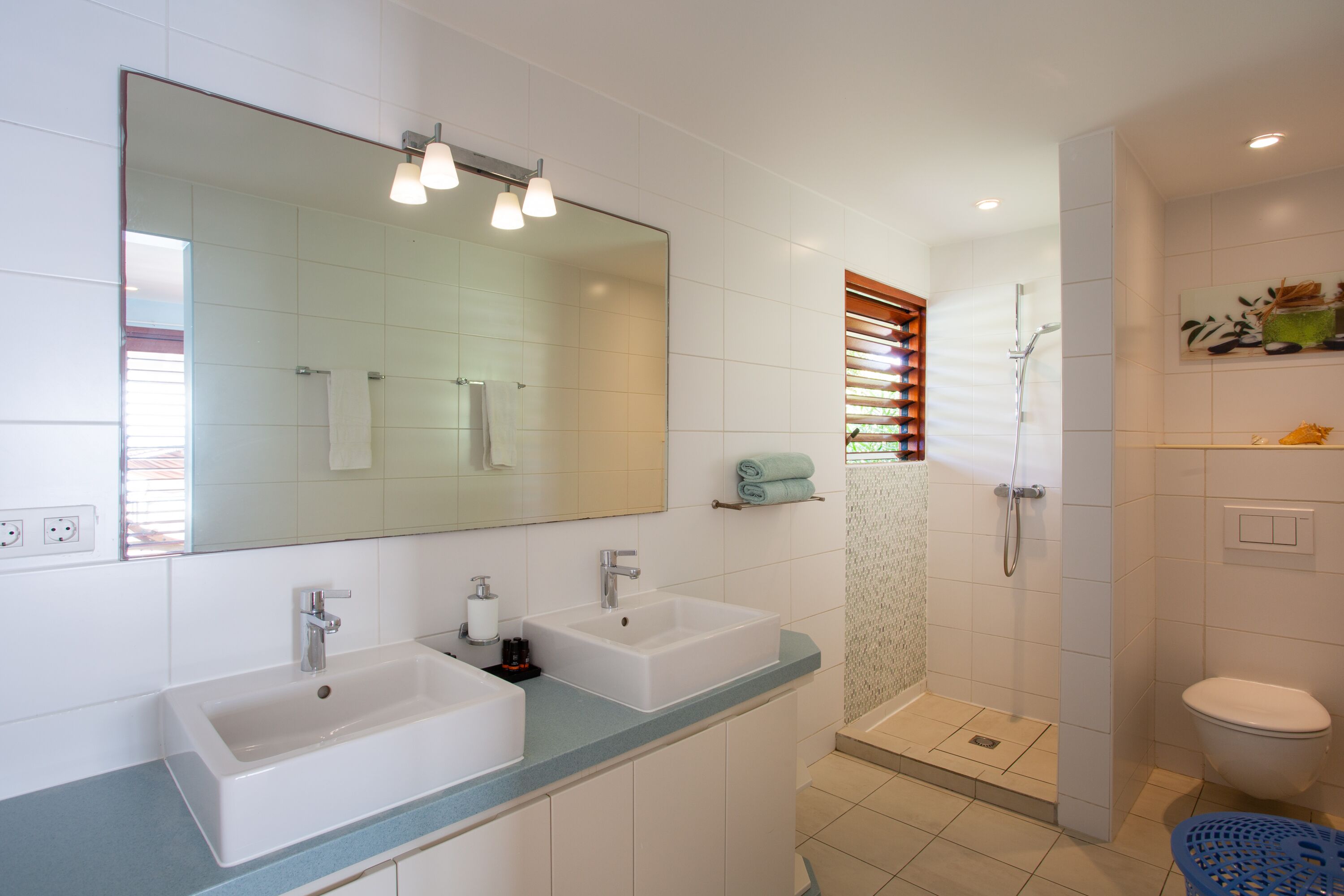 A modern bathroom with two sinks, a large mirror, and a shower area.