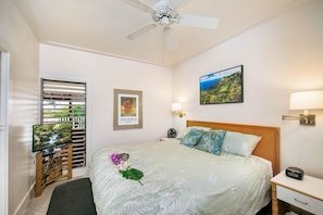 Une chambre d’hôtel avec un lit, un ventilateur de plafond, un téléviseur posé sur un meuble, un tableau encadré, une lampe et une table de chevet avec une radio.