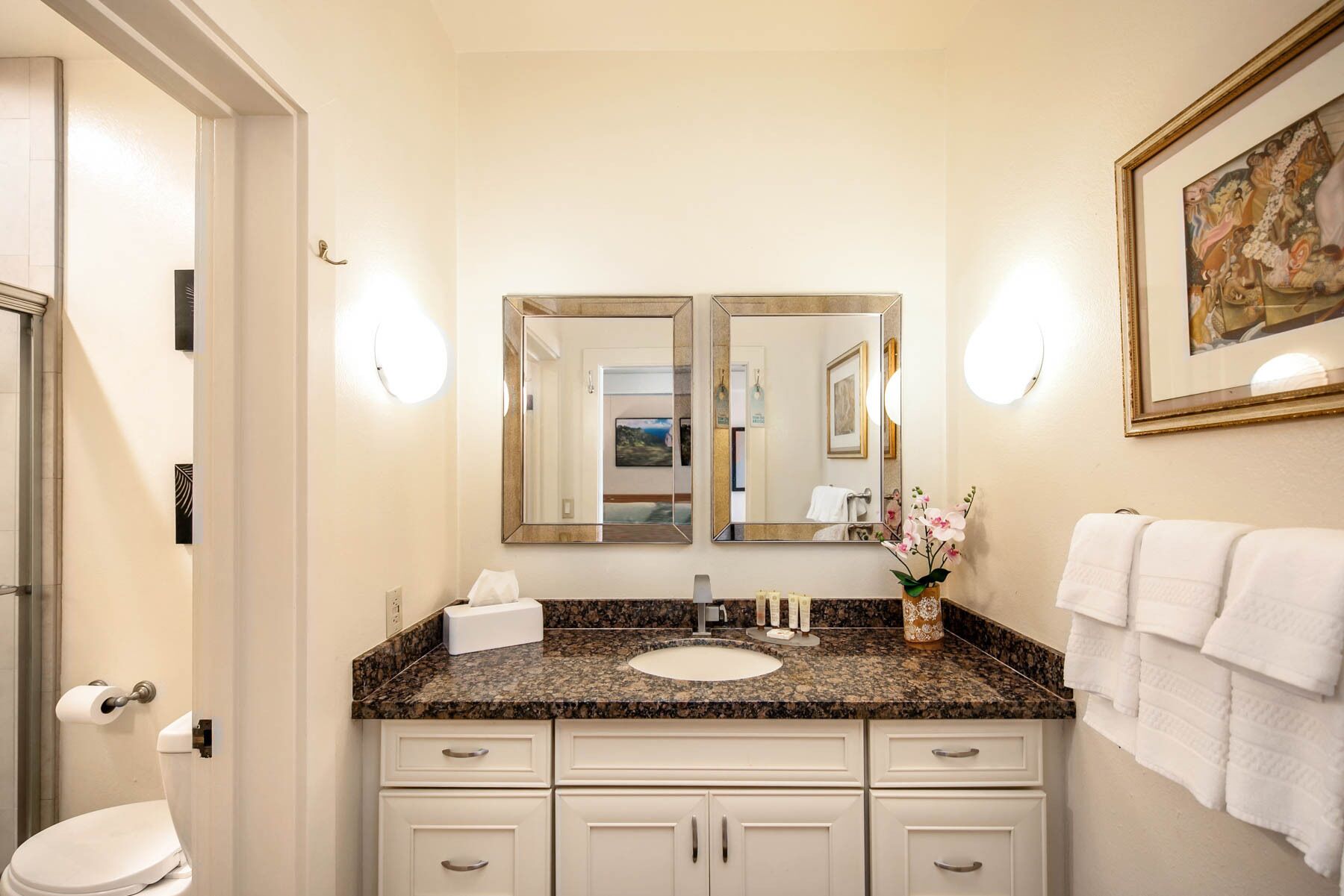 Une salle de bain avec un double lavabo, deux miroirs, des toilettes et un tableau encadré au mur.