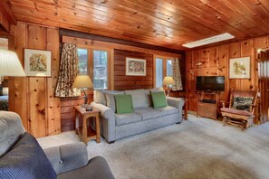 A cozy living room with wooden walls, a grey sofa with green cushions, a wooden side table, a television, and a wooden chair.