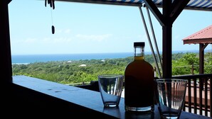Een tafel met een fles en glazen, met uitzicht op zee en groen.