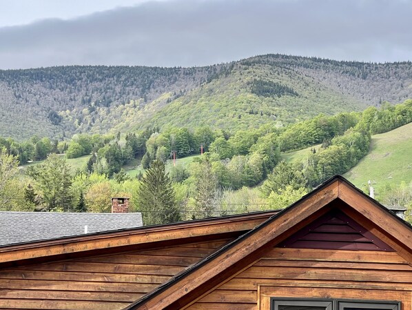 Una cabaña de madera con techo inclinado, rodeada por un paisaje montañoso con bosques densos y telesillas al fondo.