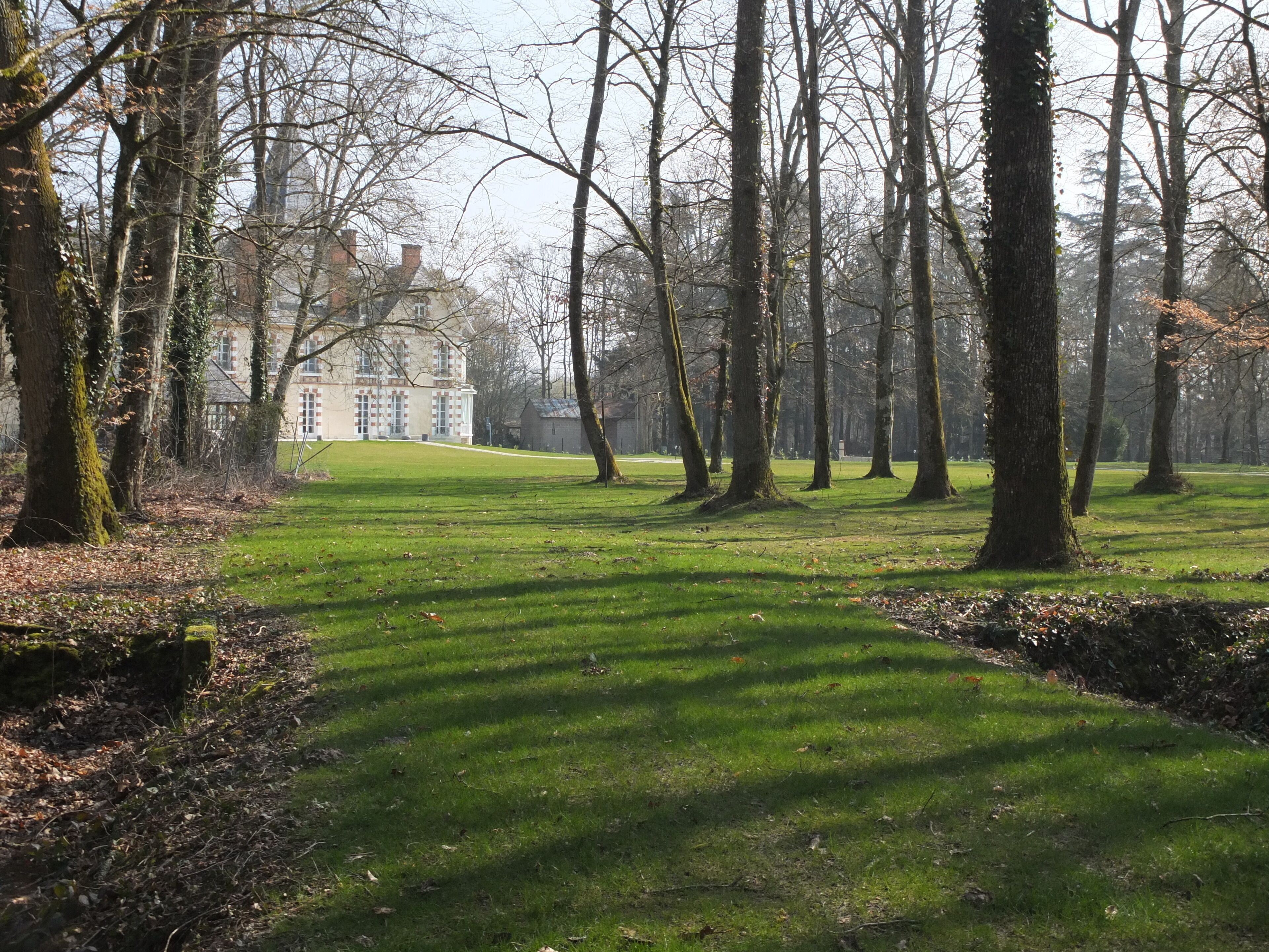 A park with a large building in the background, surrounded by trees and a well-maintained lawn.