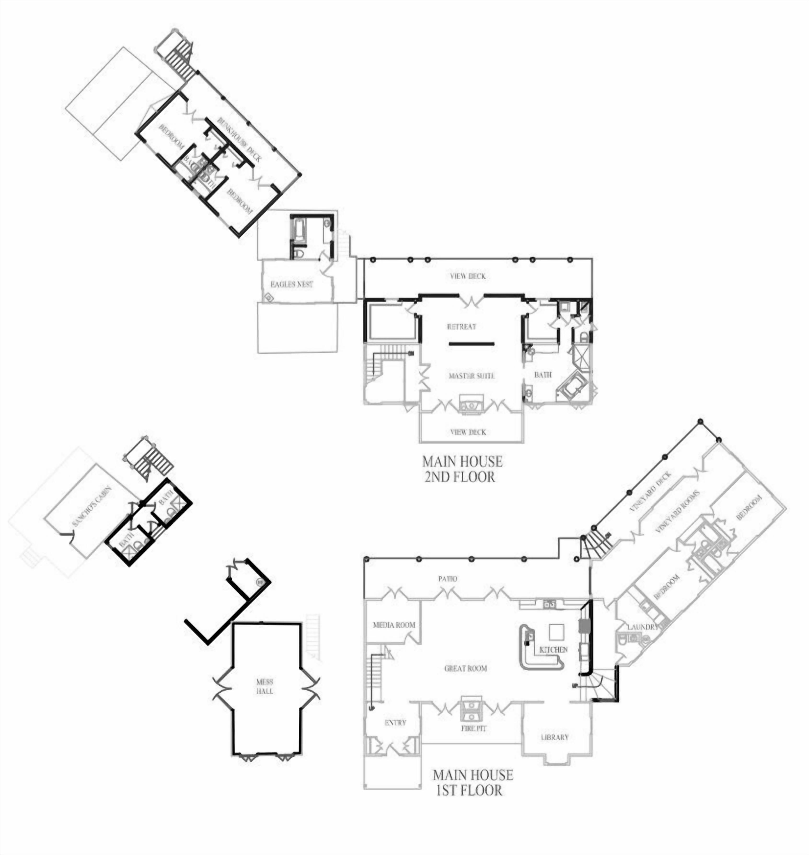 A floor plan of a main house with two floors, including a master suite, retreat, bath, media room, patio, and library.