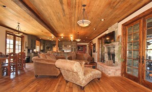 Smart TV, fireplace, foosball, books