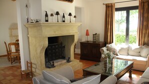 Un salon avec une cheminée, un canapé, une table basse et une fenêtre avec des rideaux.