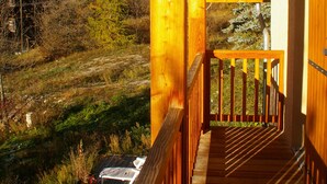 Eine Holzterrasse mit Blick auf Berge und einer Satellitenschüssel.