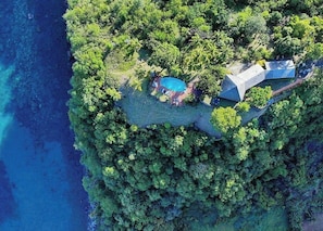 Vue aérienne d’une île tropicale isolée, avec une piscine et une maison à l’architecture originale, le tout entouré d’une végétation luxuriante.