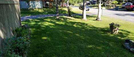 A residential area with a well-maintained lawn, trees, and parked cars.