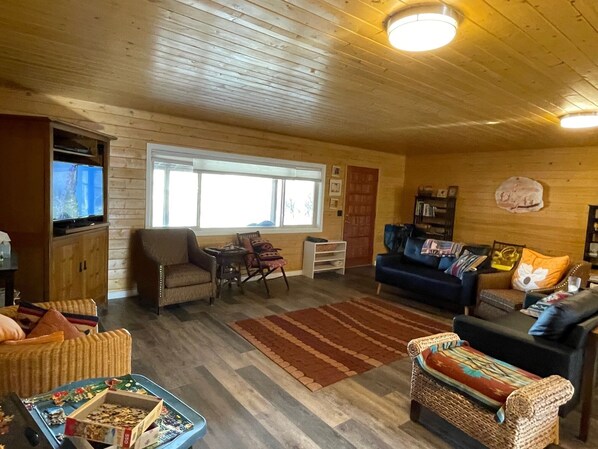 TV, DVD player, books, video library