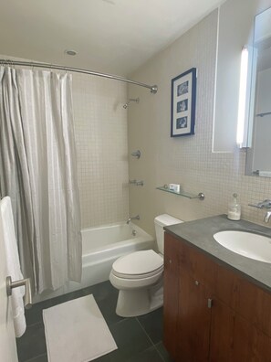 Shower, hair dryer, towels, soap