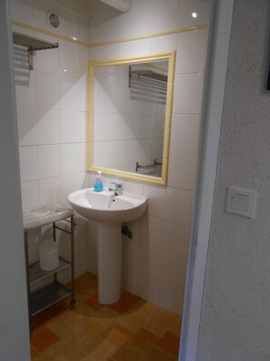 A bathroom with a white sink, a mirror, and a shower area. - Authentic Breton village and small house by the sea (Plouharnel)