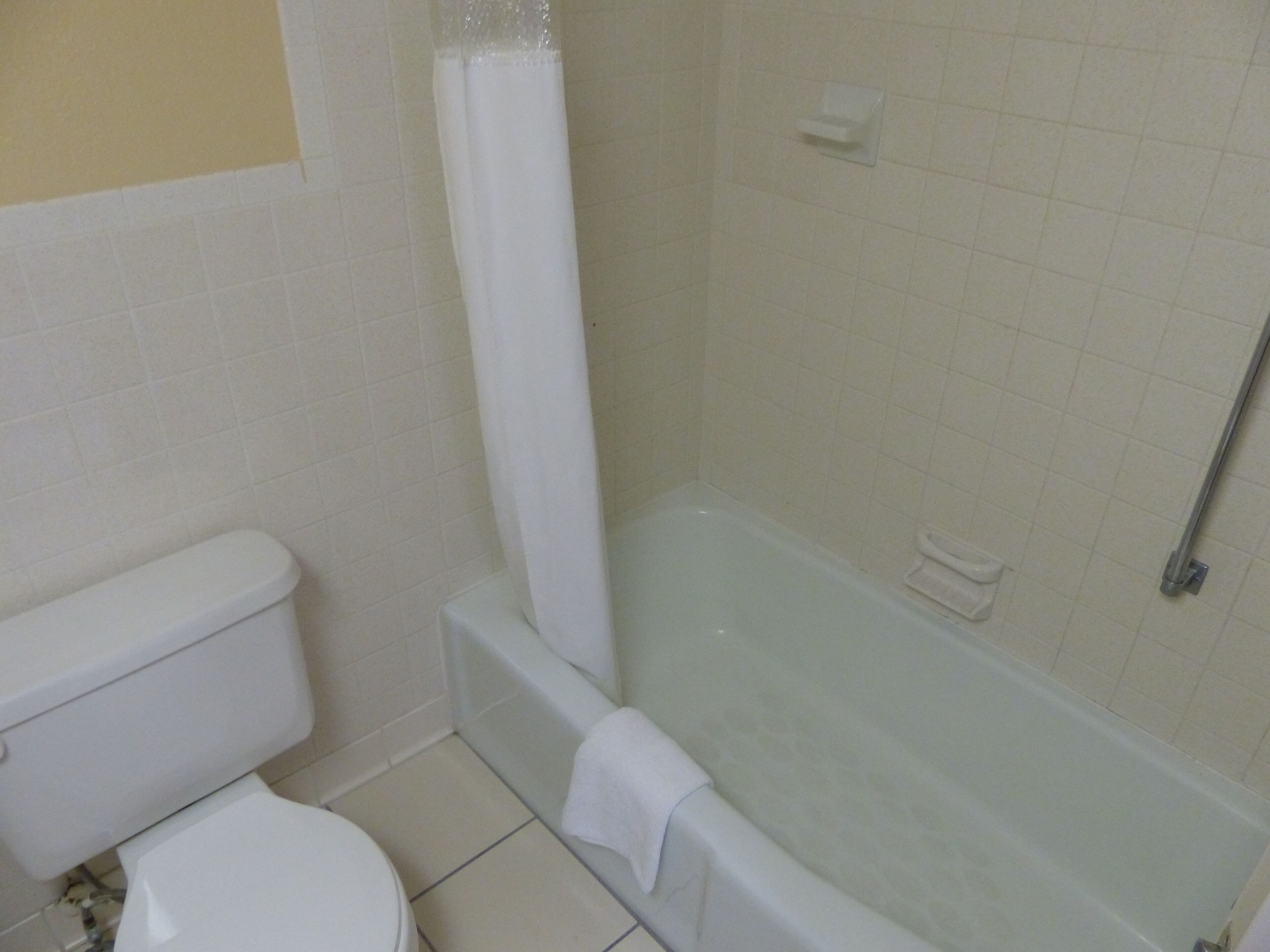 Een badkamer met toilet, bad en douchegordijn.