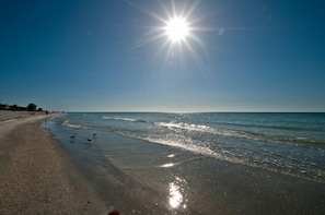 Ein Strand mit blauem Himmel und strahlender Sonne.