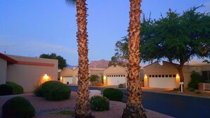 A residential area with two palm trees, a driveway, and houses with garage doors.