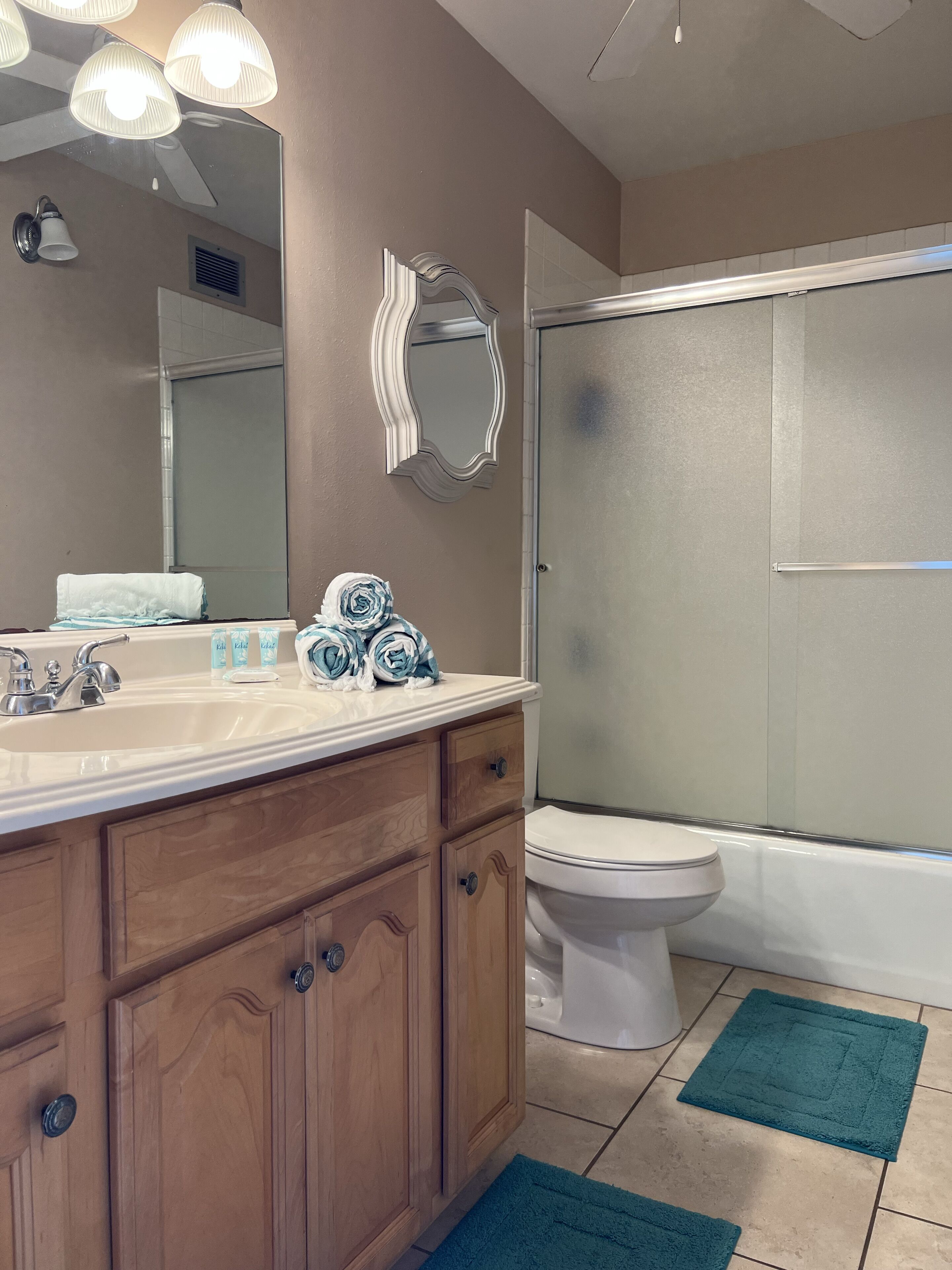 Combined shower/tub, hair dryer, towels