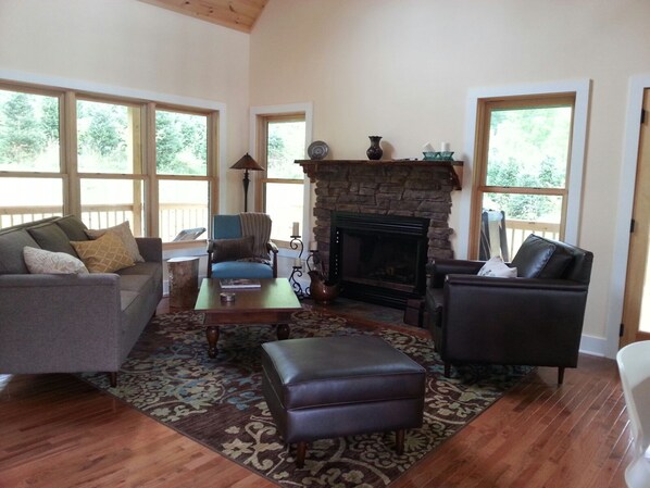 Smart TV, fireplace, books