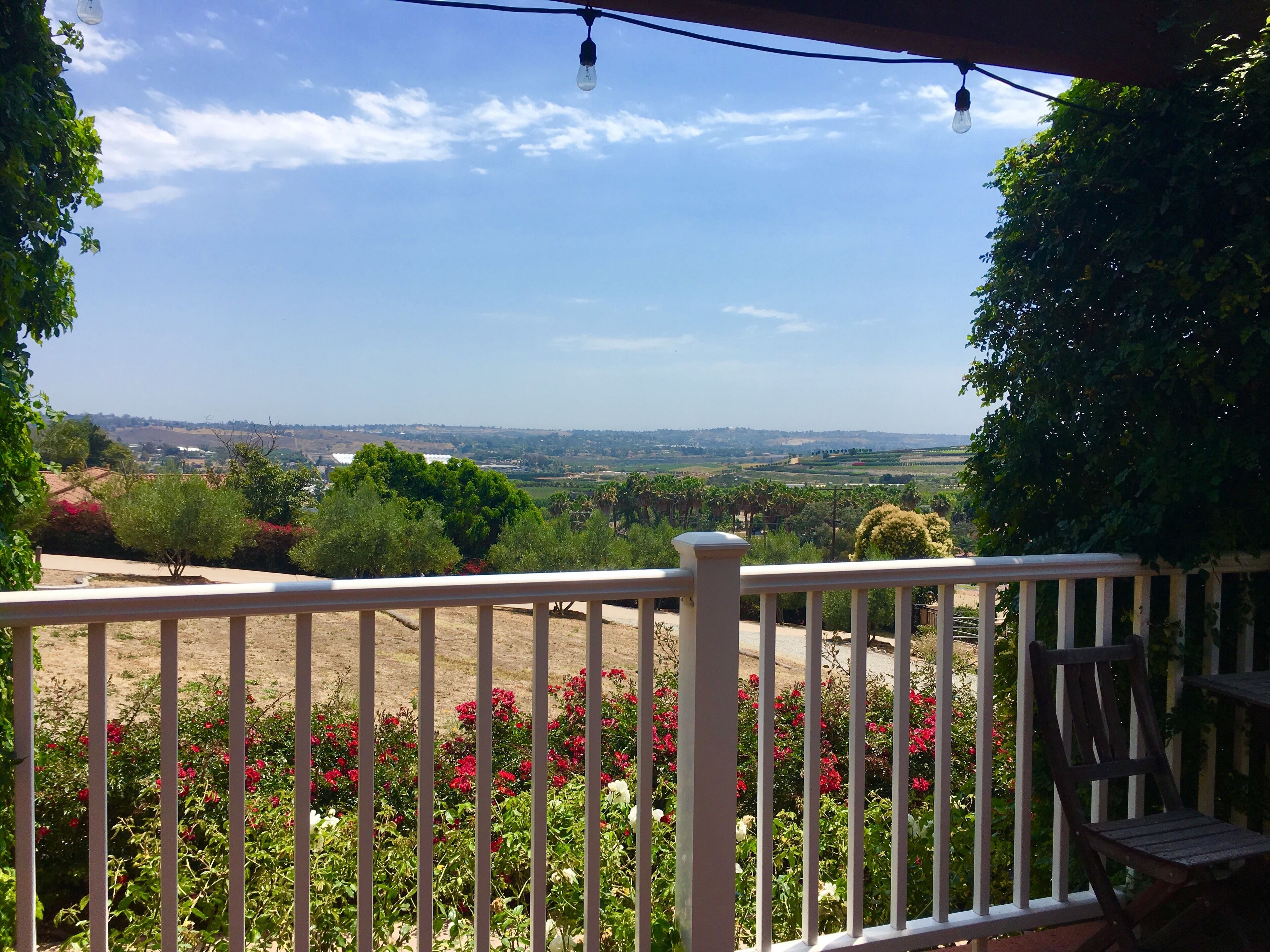 A balcony with a view of a rural landscape, including fields and trees.