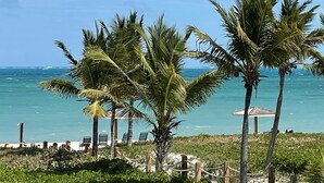 Une plage bordée de palmiers, avec une clôture en bois et des chaises de plage.