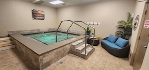A spa area with a hot tub, steps leading into it, a wicker sofa with blue cushions, and a potted plant.
