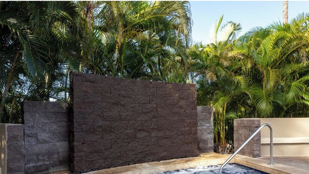 A hot tub surrounded by stone walls and palm trees. - RENOVATED PROPERTY!!  Book now! E101 (Waikoloa)