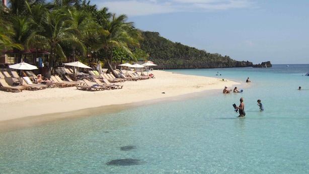 A beach with clear turquoise water, palm trees, and sun loungers.