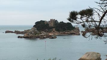 A coastal scene with a castle-like structure surrounded by rocks and trees, overlooking the sea.