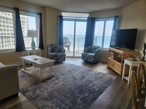 TV, DVD player, video library, stereo