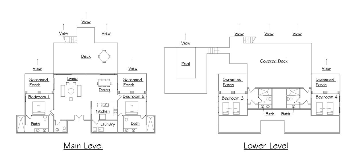 Un plan d’étage d’un hôtel à deux niveaux, comprenant des chambres, un espace de vie, une cuisine, une piscine et une terrasse couverte.