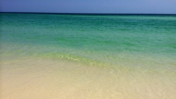 Una playa con aguas cristalinas y una orilla arenosa.