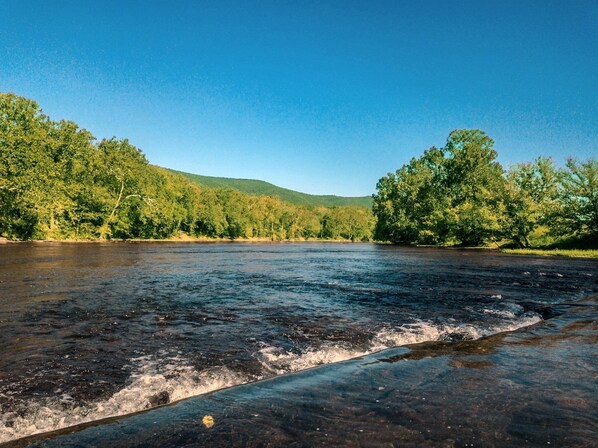 A river with clear water, surrounded by dense green forest and hills.