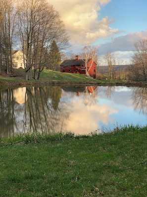 Un paysage paisible au bord d’un lac, avec une maison rouge et une maison blanche, entourées d’arbres et d’une étendue d’eau calme qui reflète le ciel.