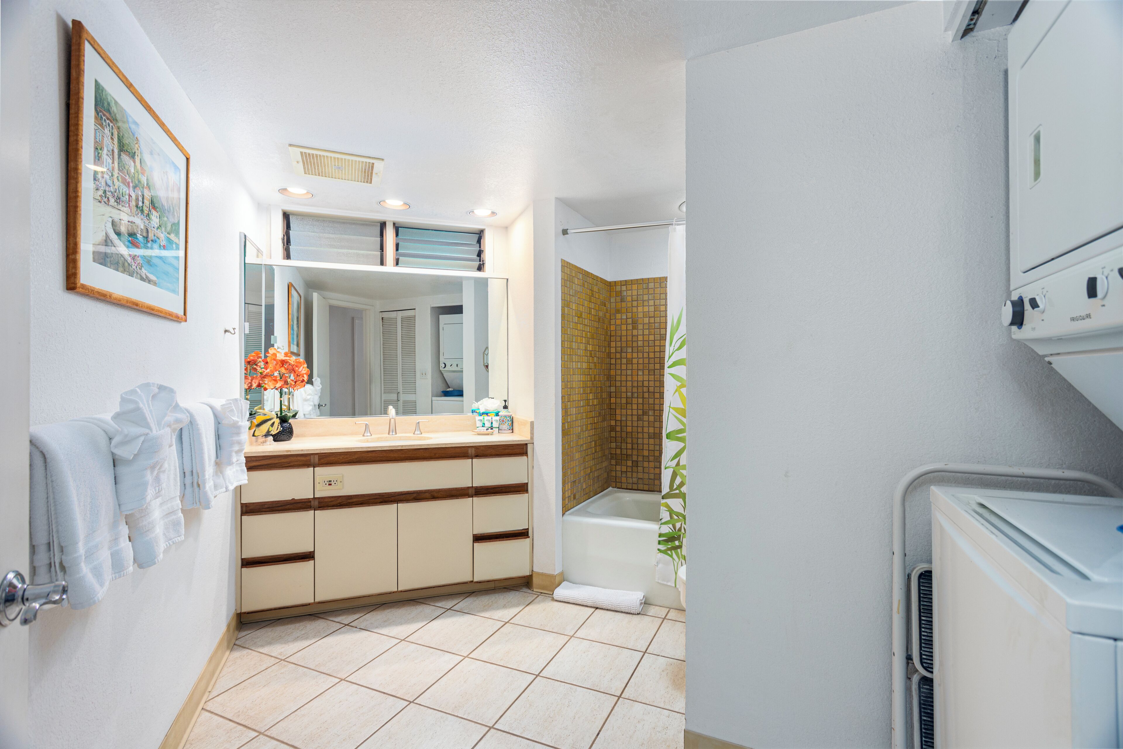 Combined shower/tub, hair dryer, towels, soap