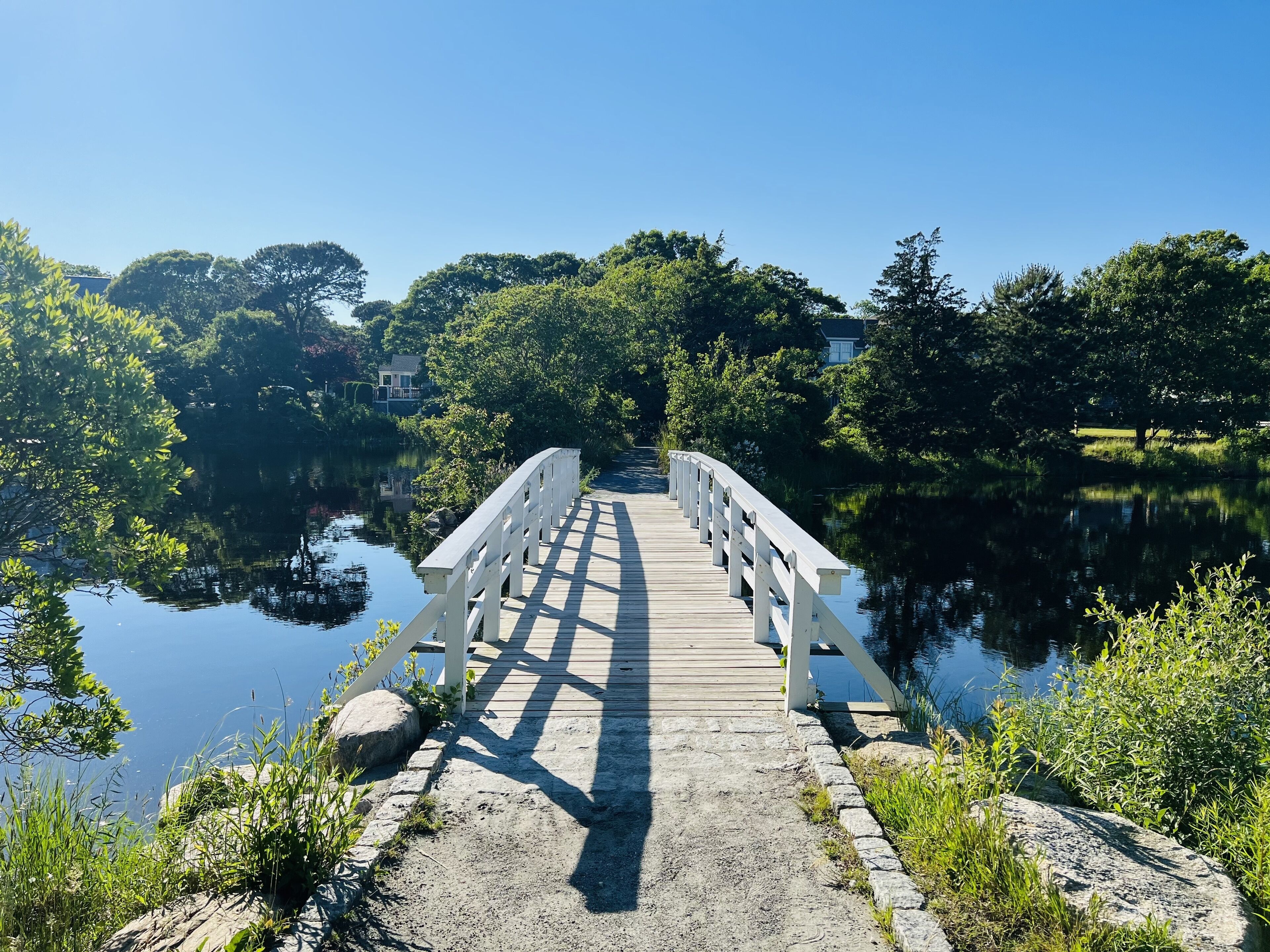 A wooden bridge over a calm lake with a clear sky.
