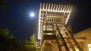 A night-time view of a building with a prominent white structure, possibly a staircase or balcony, against a dark sky with a visible moon.