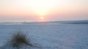 A beach with a sunset in the background.