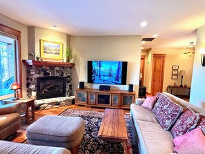 Smart TV, fireplace, video library
