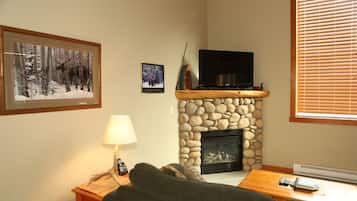 Flat-screen TV, fireplace, DVD player, stereo