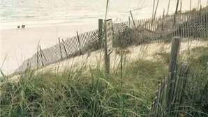 A beach with a wooden fence and a sign, overlooking the sea. - 6-Seater Golf Cart & 6 Bikes! Newly Furnished! 2 Resort Pools! Sunset at Seagrove on 30A (Santa Rosa Beach)