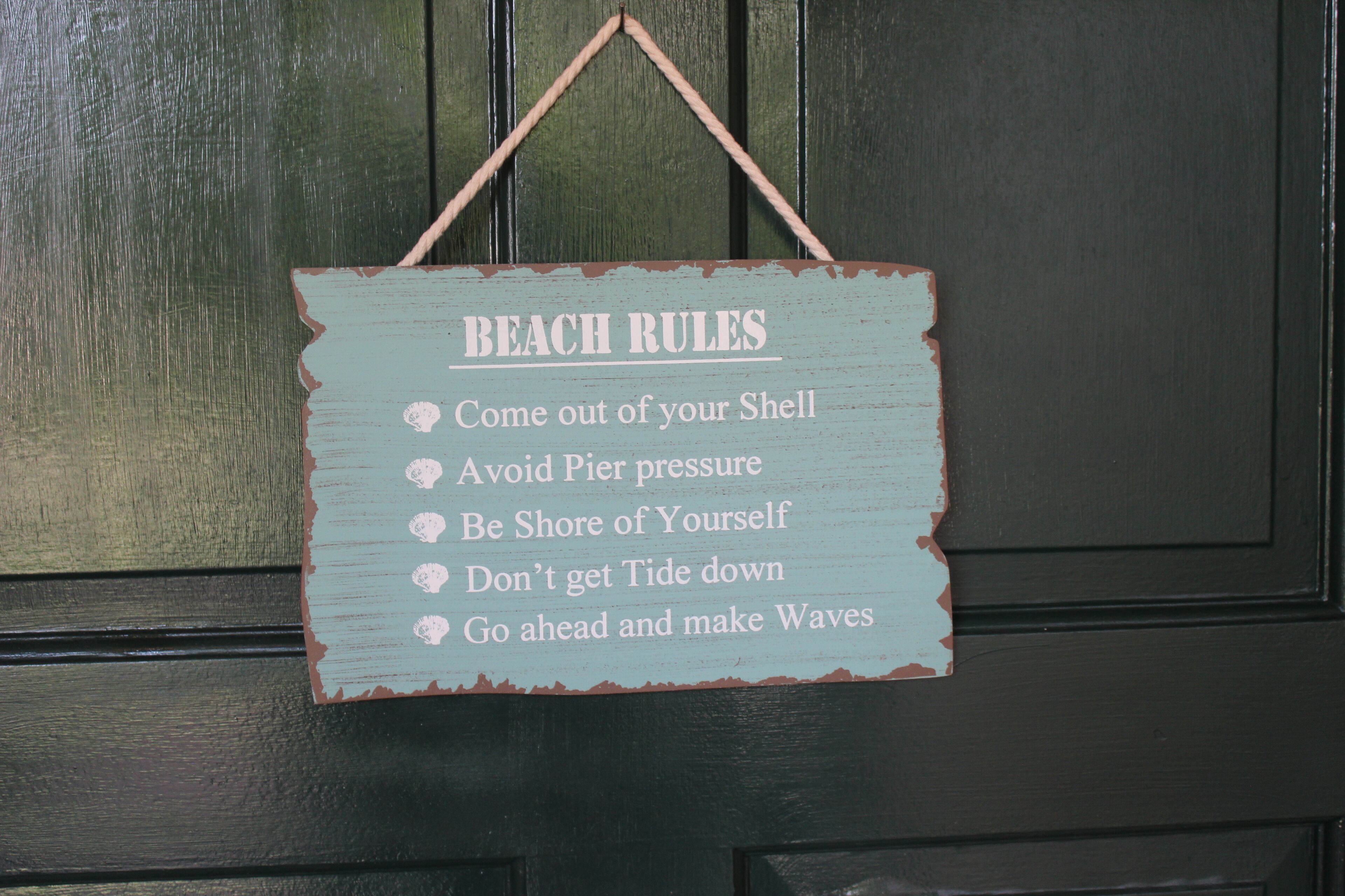 Ein Schild mit der Aufschrift 'BEACH RULES' und einer Liste von Regeln.
