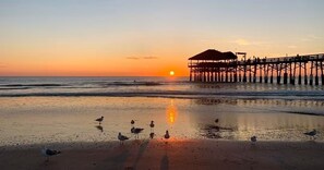 A beach scene with a pier extending into the water, birds on the sand, and the sun setting in the background.