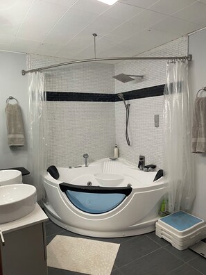 Combined shower/tub, jetted tub, hair dryer, towels